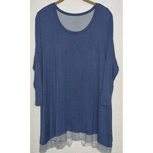 LOGO Lori Goldstein Tunic Top Embroidered Lace Trim Women Sz L Distress Stale